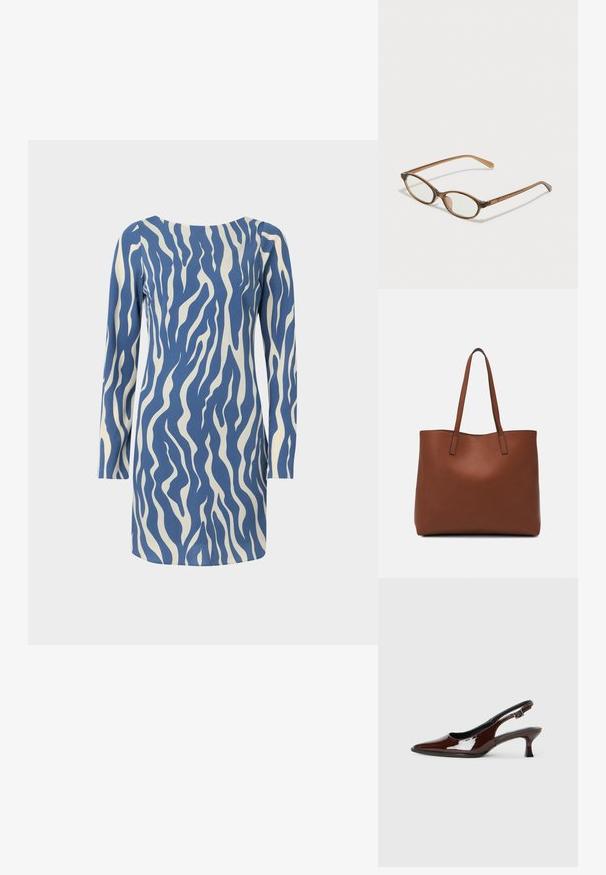 Blå og kremfarget langermet kjole med bølgemønster, med rund halslinning og rett snitt, laget av et glatt stoff.; Brune patentlæder slingback sko med spids tå og moderat hæl. Har en spænde rem for sikker pasform. Glat tekstur.; Brune skjellbriller med ovale linser, tynne stenger og gjennomsiktige detaljer. Har en subtil logo på stangen. Elegant, lett design.; Brun lær tote veske med en jevn tekstur, åpen toppdesign og to skulderstropper. Har minimal søm og ingen synlige spiker.