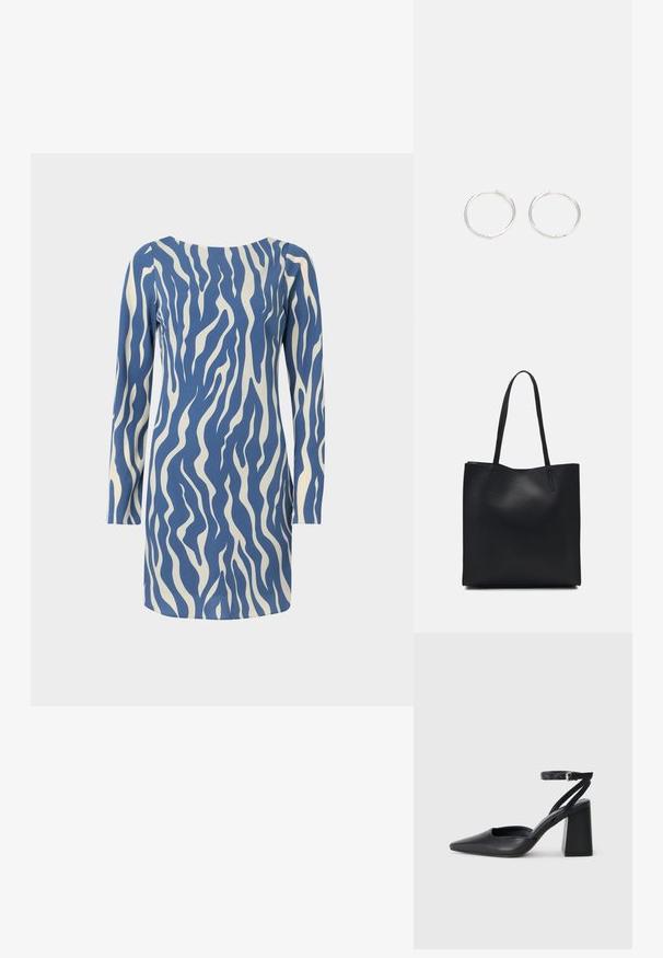 Kék és krém színű, hosszú ujjú ruha hullámmintával, kerek nyakkivágással és egyenes fazonnal, sima anyagból készült.; Fekete bőr, hegyes orrú magassarkú cipő boka pánttal és vastag sarokkal. Sima textúra, elegáns dizájn és minimális esztétika.; Fekete bőrtáska sima felszínnel, téglalap alakú, két hosszú füllel. Nincs látható fémkiegészítő vagy díszítés.; Ezüst karika fülbevalók, letisztult, kerek formával, sima felülettel és látható díszítés nélkül. A átmérő nem megadott.