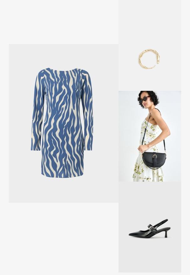 Blå och krämfärgad långärmad klänning med ett vågmönster, med rundad halsringning och rak skärning, tillverkad av ett mjukt tyg.; Svarta patentläder slingback-klackar med spetsig tå och en liten blockklack, med en silvrig spänneaccent på remmen.; Svart läderhandväska med en böjd form, avtagbar rem och guldiga detaljer. Väskan har ett lock med en spänndetalj.; Ring i guldutförande med en organisk, vriden design, slät yta och avsmalnande ändar, vilket ger ett modernt, skulpturalt utseende.