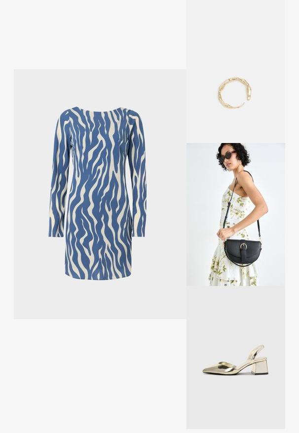 Sinine ja kreemjas pikkade varrukatega kleit lainemustriga, millel on ümardatud kaelus ja sirge lõige, valmistatud siledast kangast.; Kultaiset, metalliset slingback-kengät, joissa on teräväkärkiset ja paksut korot. Sileä pinta, minimalistinen muotoilu ja kapea hihna.; Musta nahkainen käsilaukku, joka on kaareva muotoilultaan, irrotettavalla hihnalla ja kultaisilla yksityiskohdilla. Laukussa on läppä, jossa on solk yksityiskohta.; Kultaketju, jossa on orgaaninen, kierretty muotoilu, sileä pinta ja cappatut päät, luoden modernin, veistoksellisen ilmeen.