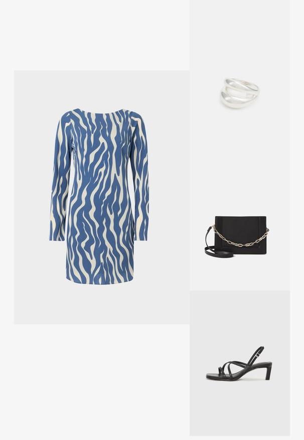 Niebieska i kremowa sukienka z długim rękawem w falisty wzór, z okrągłym dekoltem i prostym krojem, uszyta z gładkiego materiału.; Czarne sandały na obcasie z prostokątnym noskiem i niskim słupkowym obcasem. Posiadają wiele cienkich pasków i regulowany pasek na kostkę. Wykonane z gładkiej skóry.; Czarna skórzana torebka typu crossbody z gładką teksturą, prostokątnym kształtem oraz metalowym detalem w postaci łańcuszka z przodu. W zestawie regulowany pasek.; Srebrna obrączka podwójna z gładką, polerowaną powierzchnią. Posiada płynny, zakrzywiony kształt z nakładającymi się sekcjami, co nadaje nowoczesny wygląd.