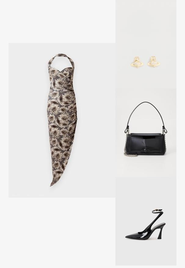Robe ajustée à col halter avec un grand imprimé floral gris et beige, côtés froncés et ourlet asymétrique.; Escarpins noirs en cuir verni avec un bout pointu, sangle ajustable à la cheville et un talon bloc modéré. Texture lisse avec finition brillante.; Sac à main en cuir verni noir de forme rectangulaire, avec une chaîne en bandoulière et un accent matériel distinctif au centre. Texture lisse.; Boucles d'oreilles puces en ton or avec un design de Saturne, présentant un bandeau texturé et des cristaux ronds incrustés pour une touche d'éclat supplémentaire.