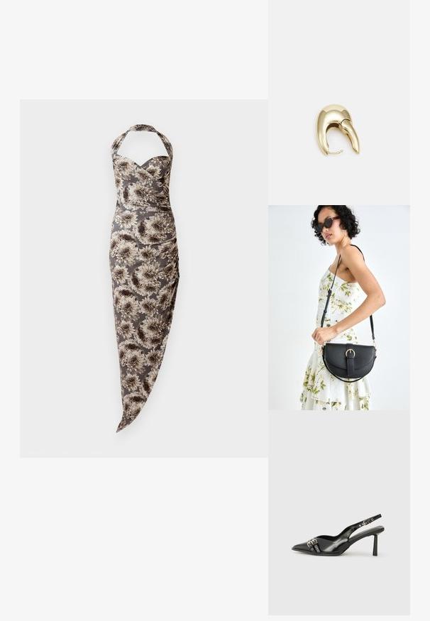 Halterkaelusega kinnitatud kleit halli ja beeži suure lillemustriga, voltidega külgedel ja asümmeetrilise allosa servaga.; Must musta nahk kingad sanga ja terava ninaga, ankle strapidega, millel on hõbedased pandlad ja riistvara ning õhuke konts.; Mustmust mustraha kõverate joontega, eemaldatava rihmaga ja kuldsete detailidega. Kotil on klapp, millel on pandladetail.; Kuldtooni metallist kõrvarõngas, millel on elegantne ja kaarjas disain. Omab silmapaistvat teravat kuju, poleeritud pinda ja hingesulgemist.