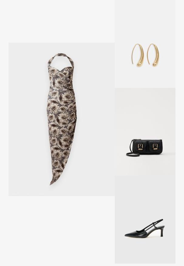 Halterneck-Kleid in taillierter Form mit großem grauem und beigem Blumenmuster, gerafften Seiten und asymmetrischem Saum.; Schwarze Lack-Slingback-Pumps mit spitzem Zehenbereich, versehen mit strukturiertem Schlangenprint, verstellbarem Riemen und einem kurzen, strukturierten Blockabsatz.; Schwarze Leder-Umhängetasche mit zwei vorderen Taschen, goldenen Schnallen, Reißverschluss und einem schmalen Tragegurt. Texturierte Oberfläche und kompakte rechteckige Form.; Goldfarbene Metall-Hoops mit einer geschwungenen, länglichen Form. Sie verfügen über eine glatte, glänzende Oberfläche und eine abgerundete Spitze für zusätzliche Details.