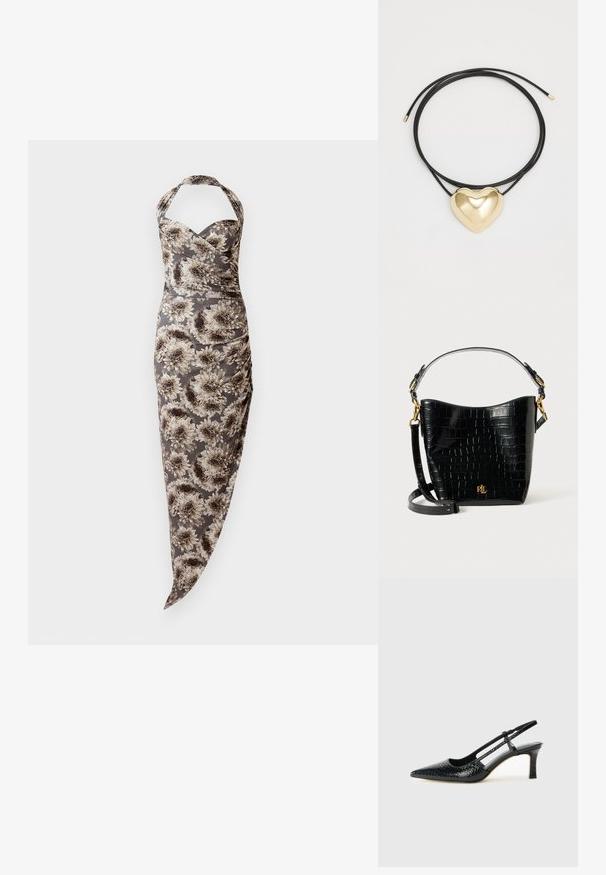 Halterneck fitted jurk met grote bloemenprint in grijs en beige, gerimpelde zijkanten en asymmetrische zoom.; Zwart patent slingback hak met een spitse neus, voorzien van een gestructureerde slangenprint, verstelbare band en een korte, gestructureerde blokhak.; Zwarte croco-embossed leren tas met een gebogen ontwerp, gouden hardware-accenten, een verstelbare schouderriem en een logo-detail aan de voorkant.; Zwarte gevlochten koordketting met een gepolijste gouden hartbedel met zachte lijnen en een glanzende afwerking.