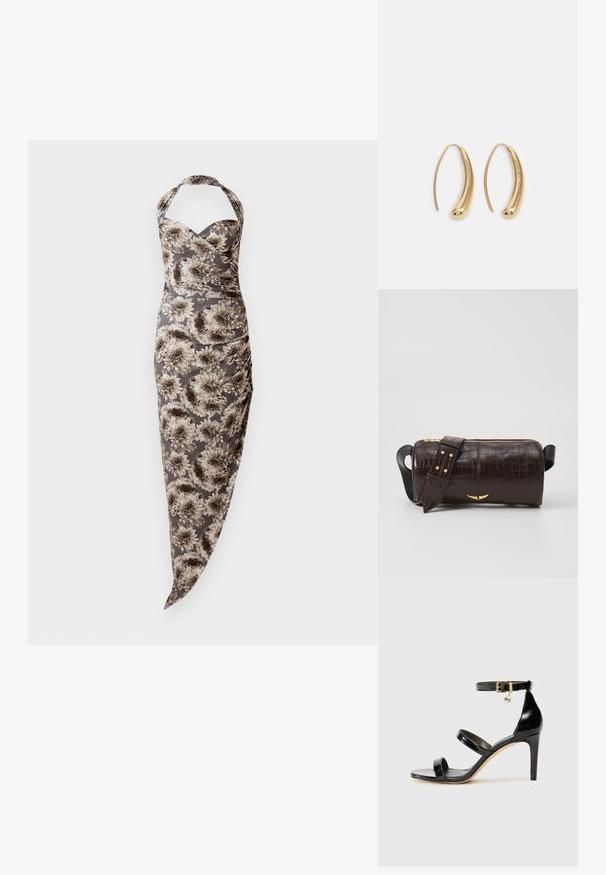 Halterska haljina prilagođenog kroja s velikim cvjetnim uzorkom u smešnim i bež nijansama, naboranim stranama i asimetričnom rubnom linijom.; Crne lakirane kožne sandale s tri trake, kopčom na zapešću i potpeticom od 10 cm. Sadrže zlatne detalje i privjesak s logotipom.; Smeđa torba od kože s embosiranim krokodilskim uzorkom, cilindričnog oblika, zlatne hardverske detalje i odvojivu naramenicu sa čavlima.; Zlatne metalne naušnice u obliku obruča s zakrivljenim, izduženim oblikom. Imaju glatku, sjajnu površinu i zaobljeni vrh za dodatni detalj.
