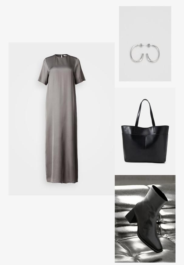 Saténová maxi šaty v tlmených šedých farbách s krátkymi rukávmi, okrúhlym výstrihom a detailom v tvare kľúčovej dierky na chrbáte. Hladká textura, voľný dizajn.; Čierne členkové topánky vyrobené z lesklého materiálu so štvorcovou špičkou a zúženým podpätkom, na lesklom striebornom podklade s vystuženým vzorom.; Čierna kožená tote taška s dvoma dlhými rúčkami, hladkým povrchom a štruktúrovaným tvarom. Obsahuje prednú kapsu pre dodatočné uskladnenie.; Strieborné kruhové náušnice s hladkým a lesklým povrchom. Okrúhly tvar, ľahký dizajn, s uzáverom na kolík.