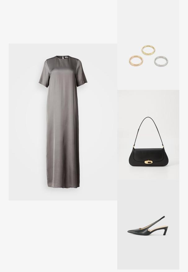 Satin maksi obleka v umirjeni sivi barvi s kratkimi rokavi, okruglim izrezom in detajlom ključa na hrbtni strani. Gladka tekstura, tekoč dizajn.; Črne čevlje s koničastimi nosovi in slingback obliko z nizko peto, izdelane iz gladke usnjene materiale ter s črtasto zasnovo na strani za prezračevanje.; Črna usnjena torba s ukrivljeno zasnovo, z zlatimi dodatki in zgornjim ročajem. Ima eleganten zapirni mehanizem in gladko teksturo.; Trije kovinski prstani: eden rožnato zlati, eden zlat z teksturiranimi detajli in eden srebrn, vsi z vgraviranim logotipom na notranji strani.