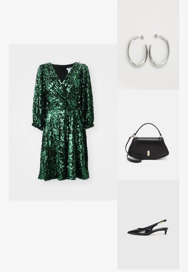 Grön paljettklänning med V-ringning, långa puffärmar och en figurnära midja, med en utställd kjol och dragkedjestängning bak.; Svart läder slingback-hälar med spetsig tå, med en smal klack och en guldtonad detalj på den justerbara remmen. Slät textur.; Svart läderhandväska med en strukturerad design, som har en avskuren form, ett handtag upptill och guldiga detaljer. Justerbar axelrem ingår.; Silverfärgade hoopsörhängen med en slät, böjd design. Har en glänsande metallisk yta och ett stiftlås. Inga synliga mönster eller detaljer.