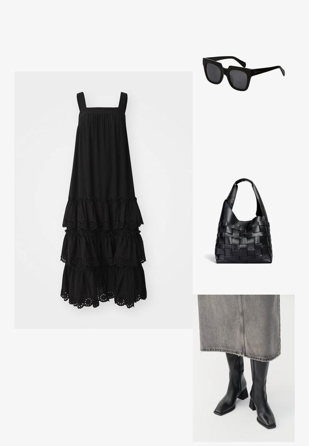 Črna bombažna obleka s kvadratnim izrezom, širokimi naramnicami in večplastnimi volančki. Spodnji volančki imajo izrezljane cvetlične detajle.; Črne škornje do kolen iz gladkega usnja s kvadratnim nosom in blok peto. Uporabljene s sivo denim krilom z raztrgano obrobo.; Črne pravokotne sončna očala z debelimi plastičnimi okvirji in temnimi lečami. Ročaji so elegantni s sijočo površino in minimalnim blagovnim znakom.; Črna usnjena torba za rame s pletenim vzorcem in ohlapno obliko ter širokim naramnim trakom. Ima teksturiran, prepleten dizajn s gladkim zaključkom.