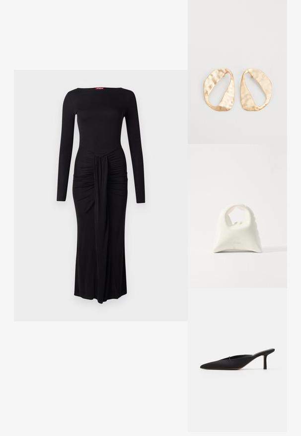 Robe noire à manches longues avec un corsage ajusté, texture froncée à la taille et ourlet droit, fabriquée en tissu extensible doux.; Mule noir à bout pointu avec un design élégant, fabriqué en tissu lisse, présentant un talon fin et un dos ouvert pour faciliter l'enfilage.; Sac à main blanc avec un design courbé texturé. Dispose d'une poignée proéminente et d'un fond arrondi, avec une finition lisse et un matériel minimal.; Une paire de boucles d'oreilles en métal doré, de forme ovales irrégulières, avec une surface texturée et légèrement martelée sur fond blanc.