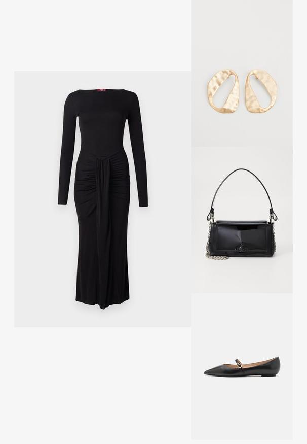 Černé dlouhé šaty s dlouhými rukávy, s přiléhavým korzetem, na úrovni pasu s nabíranou strukturou a rovný lem, vyrobené z měkké elastické tkaniny.; Černé kožené baleríny s špičatou špičkou a bočním páskem, který má kulatý zlatý akcent. Lehká konstrukce s plochou podrážkou.; Černá lakovaná kožená kabelka obdélníkového tvaru, řetízkový popruh a výrazné kovové zdobení uprostřed. Hladká textura.; Pár nepravidelných oválných náušnic z kovu pozlaceného zlatem s texturovaným, mírně kladivkovým povrchem na bílém pozadí.