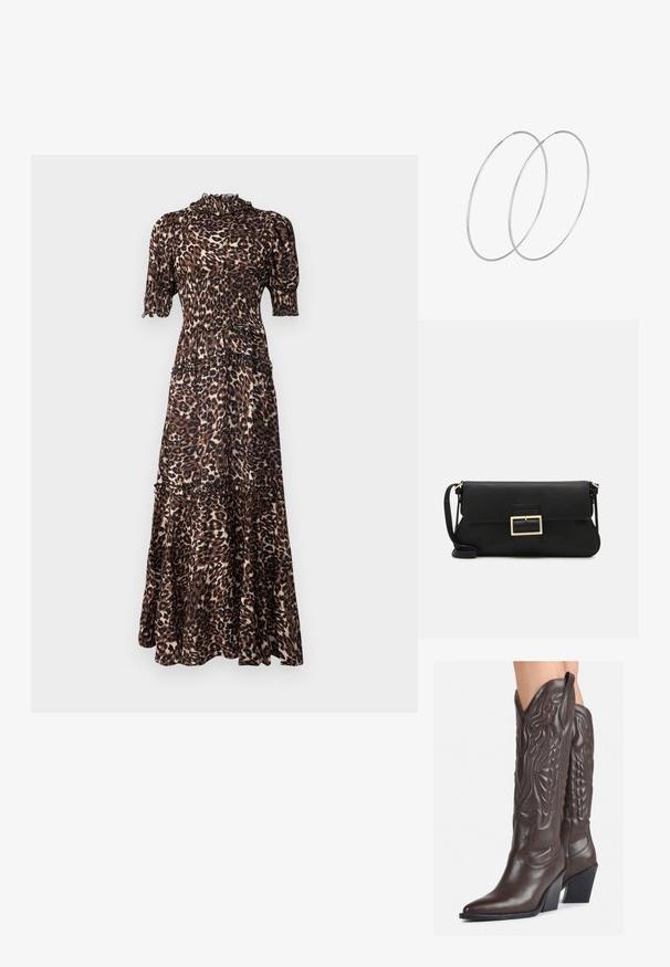 Maksimalna obleka z leopardjim vzorcem, kratkimi napihnjenimi rokavi, visokim ovratnikom, nabranim zgornjim delom in plastovitim volančastim krilom, izdelana iz mehkega blaga v rjavih in kremnih odtenkih.; Rjave usnjene kavbojske čevlje z ostrim nosom in blok peto, ki vsebujejo podrobno šivanje in dvignjene dodatke na zgornjem delu.; Črna usnjena torbica na preklop z zlato kovinsko zaponko. Vključuje črn trak in eleganten, minimalističen dizajn.; Srebrne uhane v obliki obroča z minimalističnim dizajnom. Krožna oblika, gladka tekstura in tanek profil. Lahki s poliranim zaključkom.