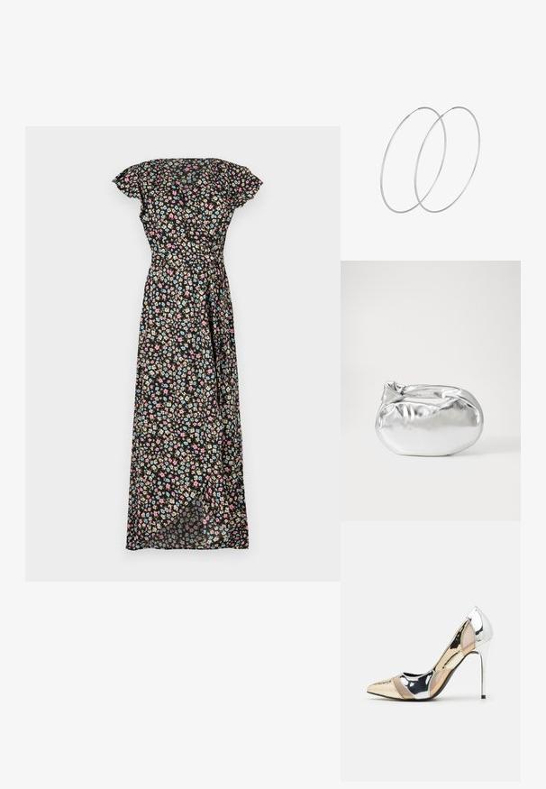 Čierne kvetinové maxi šaty s krátkymi volánovými rukávmi, s priliehavým pásom a voľnou sukňou zdobenou ružovými, modrými a béžovými kvetmi.; Lodičky s špičatou špičkou v striebornom, zlatom a telovom farebnom prevedení. Lesklý povrch s výrezovým dizajnom, s ihlovým opätkom.; Strieborná metalická taška s mäkkým, zaobleným tvarom a uzáverom s uzlíkom. Vyrobená z hladkej syntetickej kože.; Strieborné kruhové náušnice s minimalistickým dizajnom. Cirkulárny tvar, hladký povrch a tenký profil. Ľahké s lesklým povrchom.