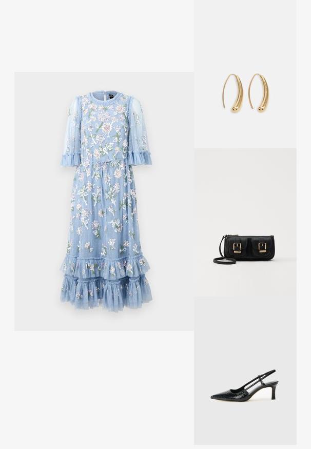Rochie bleu deschis, brodată cu flori, realizată dintr-un material transparent, cu mâneci și margini volălite. Are o talie cu șiret și detalii cu franjuri suprapuse.; Pantofi cu toc slingback negri din patent, cu vârf ascuțit, cu imprimeu de șarpe texturat, curea ajustabilă și toc scurt texturat.; Geantă neagră din piele, tip crossbody, cu două buzunare frontale, catarame aurii, închidere cu fermoar și o curea subțire. Suprafață texturată și formă rectangulară compactă.; Cercei din metal auriu, cu un design curbat și alungit. Au o suprafață netedă și strălucitoare, cu un vârf rotunjit pentru un detaliu suplimentar.