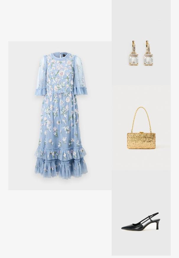 Svijetloplava haljina s cvjetnim vezom, napravljena od prozračnog materijala s naboranim rukavima i rubom. Ima pojas na vezanje i slojevite nabore.; Crne lakirane slingback pete s oštrim vrhom, s teksturiranim uzorkom zmijske kože, podesivom remenom i kratkom, teksturiranom blok-petom.; Zlatna šljokasta torbica u pravokutnom obliku, s uvrnutom lancem kao drškom i metalnim kopčanjem, koja odražava svjetlost s teksturiranim završetkom.; Zlatne naušnice s pravokutnim, prozirnim kristalom koji visi ispod niza malih, okruglih prozirnih akcenata. Elegantni, moderni dizajn.