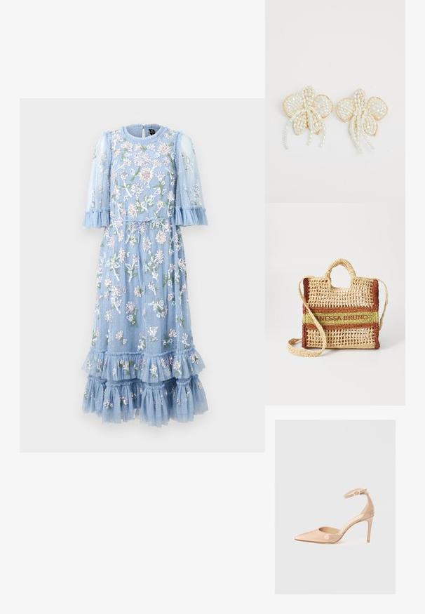 Svetlo modra obleka z rožnatim vezenjem, izdelana iz prosojnega materiala, z nabranimi rokavi in robom. Ima pas z vezalko in plastev čipkastih poudarkov.; Nude lakirani čevlji s koničastim prstom, z naramnicami in stiletto peto, ki se ponašajo z gladko teksturo in minimalističnim dizajnom.; Tkana slamnata torba pravokotne oblike, z mešanico bež, zelene in rjave črte ter odstranljivo naramnico.; Uhani v obliki cvetov z biserom in z zlatimi poudarki. Vsak cvetni list vsebuje majhne, okrogle bisere razporejene v cvetličnem vzorcu z visečimi bisernimi podrobnostmi.
