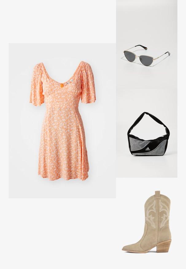 Orange kjole med puffede ærmer, V-udskæring, prydet med et blomstermønster i hvidt. Blødt stof, knælangt design og samlet detaljering.; Beige ruskind cowboystøvle med spids tå, dekorativ hvid sying og stablet træhæle. Har en trækflap bagpå.; Sorte metalrammesolbriller med mørke linser, katteøjeform og sorte templer med en regnbueaccent på den ene side.; Sort og sølv adidas taske med en glat tekstur, prydet med et skinnende nittermønster og et karakteristisk buet design.