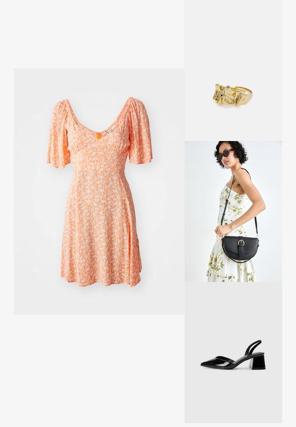 Oranges Kleid mit puffärmel, einem V-Ausschnitt, mit einem floralen Muster in Weiß. Fließender Stoff, knielanges Design und geraffte Details.; Schwarze Lackleder-Slingback-High Heels mit spitzem Schuh und einem geometrischen Blockabsatz. Verfügt über ein schlankes, minimalistisches Design und eine glatte Textur.; Schwarze Lederhandtasche mit geschwungener Form, abnehmbarem Tragegurt und goldenen Beschlägen. Die Tasche verfügt über einen Deckel mit einer Schnallen-Details.; Goldring mit strukturiertem, wellenförmigem Design, das drei markante Spitzen aufweist. Glatte, glänzende Oberfläche mit einem offenen Band für einen verstellbaren Sitz.