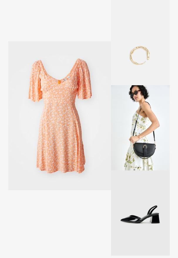 Abito arancione con maniche a sbuffo, scollatura a V, con un motivo floreale bianco. Tessuto leggero, design al ginocchio e dettagli arricciati.; Décolleté in vernice nera con punta affusolata e tacco in geometria cubica. Presentano un design elegante e minimalista, con una texture liscia.; Borsa a tracolla nera in pelle con una forma curva, manico rimovibile e accessori dorati. La borsa presenta una patta con un dettaglio a fibbia.; Anello in tono oro con un design organico e Twisted, caratterizzato da una superficie liscia e punte affusolate, che crea un aspetto moderno e scultoreo.