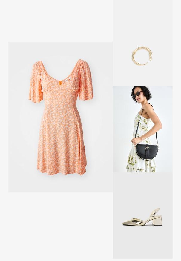 Orange kjole med puffede ærmer, V-udskæring, prydet med et blomstermønster i hvidt. Blødt stof, knælangt design og samlet detaljering.; Guld, metalliske slingback-hæle med spids tå og kraftig hæl. Glat tekstur, minimalistisk design og en smal strop.; Sort læderhåndtaske med en buet form, aftagelig rem og guldfinish. Tasken har en klap med en spænde detalje.; Guld-tone ring med et organisk, snoet design, glat overflade og affasede ender, hvilket skaber et moderne, skulpturelt udseende.