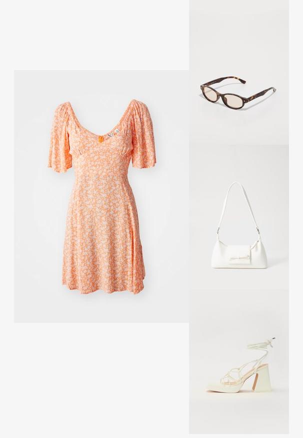 Abito arancione con maniche a sbuffo, scollatura a V, con un motivo floreale bianco. Tessuto leggero, design al ginocchio e dettagli arricciati.; Sandalo bianco con tacco alto, caratterizzato da un design a cinturini e un legaccio alla caviglia. Texture liscia con una piattaforma frontale per un'altezza aggiuntiva.; Occhiali da sole tartarugati con forma arrotondata e lenti chiare. Presentano aste robuste con piccoli dettagli dorati, realizzati in materiale plastico.; Borsa sintetica bianca a forma triangolare, con patta anteriore piatta e dettaglio a fiocco, tracolla regolabile, texture liscia e design minimalista.
