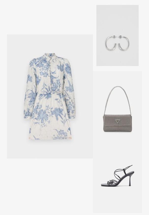 Haljina s cvjetnim uzorkom, dugim rukavima, ovratnikom, gumbima sprijeda, suženim strukom i laganom tkaninom u plavim i bijelim tonovima.; Crne sandale na visokoj potpetici imaju tanke trake s čvorastim dizajnom, glatki kvadratni vrh i elegantnu stiletto petu.; Svijetlosivi metalik ruksač s lancem, ukrašen malim okruglim metalnim zakovicama i trokutastim logotipom marke.; Srebro naušnice u obliku prstena s glatkom, sjajnom završnom obradom. Zaobljenog oblika, laganog dizajna, s kopčom na poleđini.