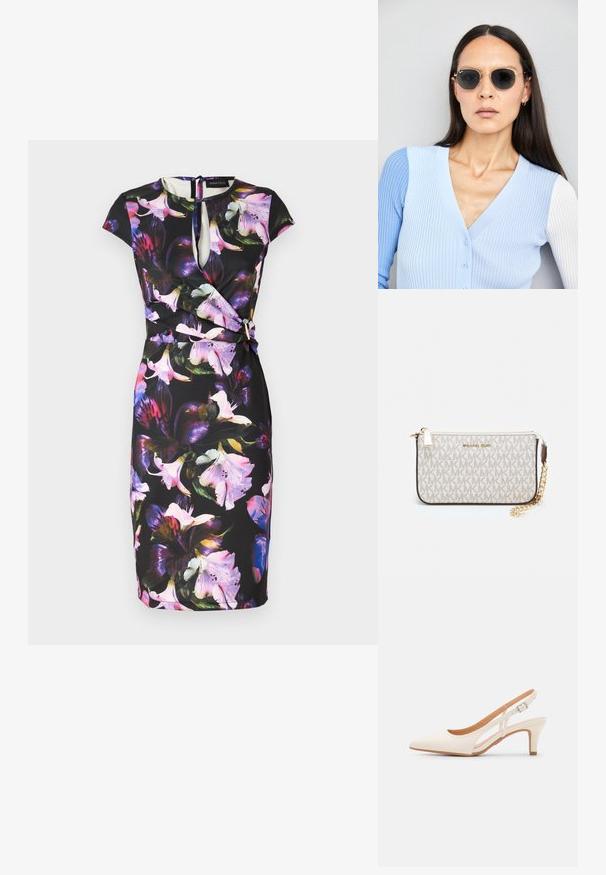 Robe florale avec un fond noir, présentant un décolleté en trou de serrure, des manches courtes et un design enroulé. Décorée de grandes fleurs colorées.; Talons aiguilles blanches à bride arrière avec un bout pointu, un dessus lisse, un petit talon carré et un design avec découpes latérales et sangle réglable.; Lunettes de soleil rondes avec verres sombres et monture en or. Le modèle porte un cardigan à côtes bleu clair avec des boutons et des manches blanches contrastantes.; Porte-monnaie Michael Kors en toile enduite beige avec un motif répété de logo MK, des accessoires en or et une bandoulière en chaîne amovible.