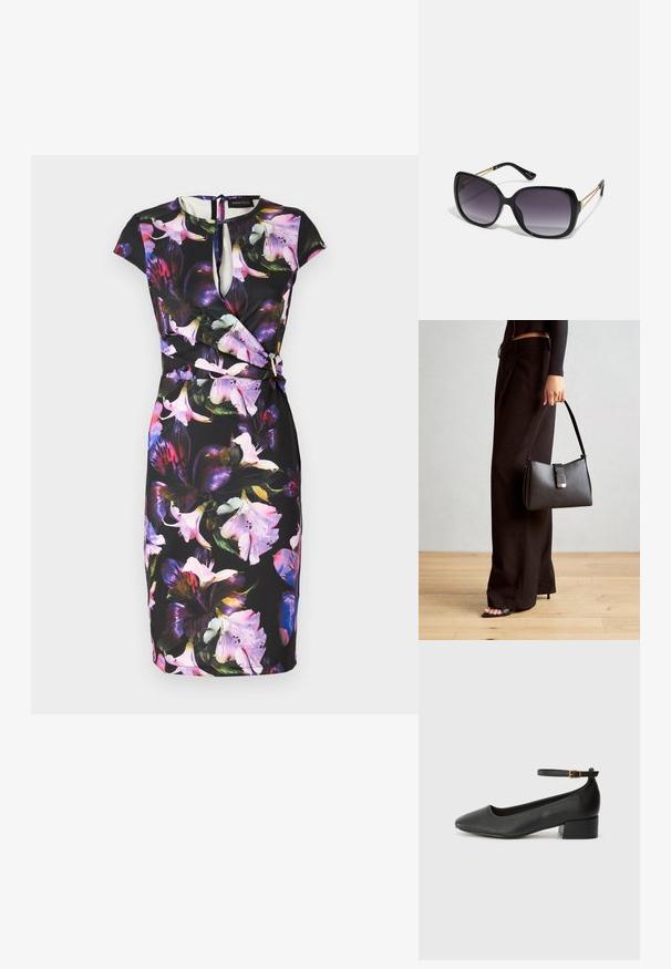 Vestido floral com fundo preto, apresentando um decote em formato de olho de fechadura, mangas curtas e um design envolvente. Decorado com grandes flores coloridas.; Sandal de pele preta com bico pontiagudo e um salto bloco baixo. Apresenta uma tira no tornozelo com uma fivela em tom dourado. Textura suave.; Óculos de sol oversized pretos com lentes degradê, armações grossas e detalhes em corrente dourada nas hastes.; Bolsa preta com forma estruturada, textura suave e um fecho metálico. Combinada com calças largas pretas e sandálias de salto aberto sobre um chão de madeira.