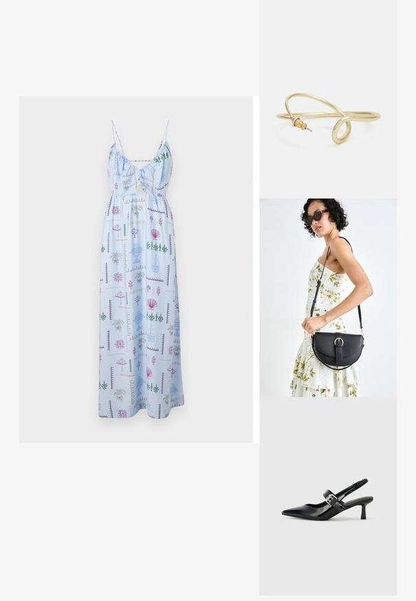 Lyseblå maxikjole med spaghetti-stropper, som har en samlet byste og et fargerikt sommer-tema print av planter og skjell.; Svarte patent lær slingback hæler med spiss tå og en liten blokkheel, med en sølvspenne som detalj på stroppen.; Svart lærveske med en buet form, avtagbar stropp og gullbeslag. Vesken har et klaff med spenne-detall.; Gullfarget metallarmbånd med flytende, buet design. Har en liten, markant, sølvfarget aksent i den ene enden.
