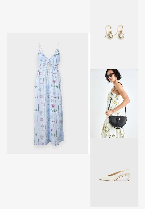 Světle modré maxi šaty se špagetovými ramínky, s prolouženým dekoltem a celoplošným barevným letním potiskem rostlin a mušlí.; Bílé lakované slingback boty s špičatou špičkou a nízkým blokovým podpatkem. Má decentní pásek se zlatě tónovanou sponou.; Černá kožená kabelka s křivkovým tvarem, odnímatelným popruhem a zlatými detaily. Kabelka má klopu s přezkou.; Náušnice ve zlatém tónu s oválnými průhlednými krystaly obklopenými menšími průhlednými kameny, se zapínáním na háček pro bezpečné nošení.