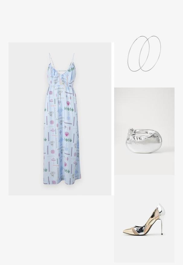 Světle modré maxi šaty se špagetovými ramínky, s prolouženým dekoltem a celoplošným barevným letním potiskem rostlin a mušlí.; Lodička s špičatou špičkou a kombinací stříbrné, zlaté a tělové barvy. Lesklý povrch s vykrojeným designem, s jehlovým podpatkem.; Stříbrná kovová taška s měkkým, zaobleným tvarem a uzávěrem s uzlem. Vyrobena z hladké umělé kůže.; Stříbrné kruhové náušnice s minimalistickým designem. Kruh, hladký povrch a tenký profil. Lehká konstrukce s lesklým povrchem.