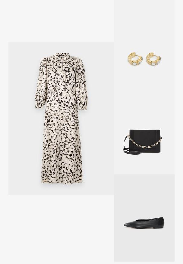 Dolga krema obleka s črnim cvetličnim vzorcem, nabranimi rokavi, zapenjanjem na gumbe in visokim ovratnikom. Gladek material z rahel padajočim krojem.; Črne usnjene balerinke, koničast toe, minimalističen dizajn, gladka tekstura, nizka peta, brez vidnih kovinskih delov ali okraskov.; Črna usnjena torba čez ramo z gladko teksturo, pravokotno obliko in kovinskim verižnim detajlom spredaj. Vključena je nastavljiva naramnica.; Zlati uhani v obliki obroča z teksturiranim dizajnom in tremi prozornimi kristalnimi poudarki na eni strani, ki ponujajo sodoben geometrijski estetski videz.
