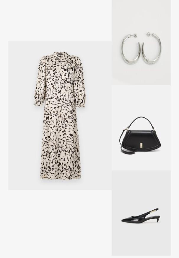 Pitkä, kerma värinen mekko, jossa musta kukkakuosi, rypistetyt hihat, napitus ja korkea kaulus. Liukas kangas ja laskeutuva siluetti.; Mustat nahkaiset slingback-korkokengät, joissa on terävä kärki, ohuet korot ja kultasävytteinen yksityiskohta säädettävässä hihnassa. Silkkinen pinta.; Mustalla nahkalaukulla, jossa on jämäkkä muotoilu, lyhyt malli, yläkahva ja kultaiset yksityiskohdat. Säädettävä olkahihna sisältyy.; Hope hopeista, joissa on sileä, kaareva muotoilu. Varustettu kiiltävällä metallipinnoitteella ja nappikiinnityksellä. Ei näkyviä kuvioita tai koristeluja.