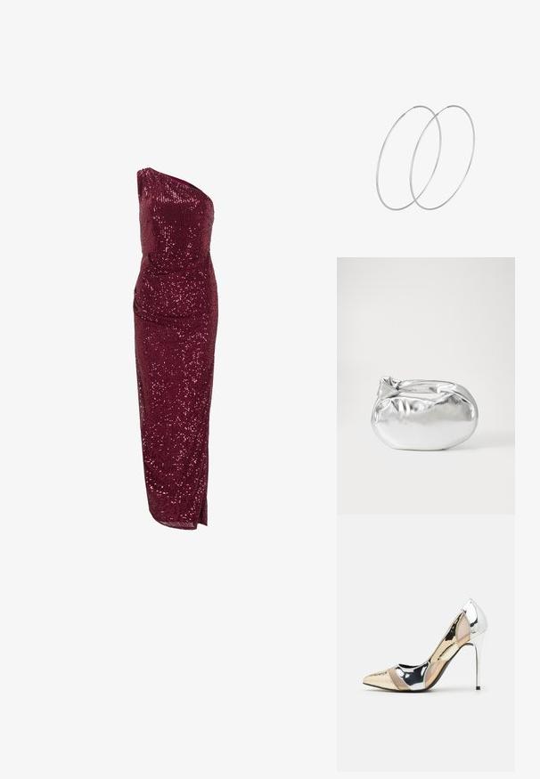 Burgundy mekko, jossa on paljettikoristelu, yksiolkaisella leikkauksella, vartalonmyötäinen siluetti ja sivuaukko, sisältä sileä vuori.; Korkokenkät, joissa on terävä kärki ja hopea, kultainen sekä nude-väriyhdistelmä. Kiiltävä pinta ja leikkausdesign, varustettuna stikettikorkealla.; Hopeapintainen metallinen pussilaukku, jolla on pehmeä, pyöreä muoto ja solmittava yläosa. Valmistettu sileästä tekonahkamateriaalista.; Hopehope hopeilla, joissa on minimalistinen muotoilu. Pyöreä muoto, sileä pinta ja ohut profiili. Kevyet ja kiillotetut.
