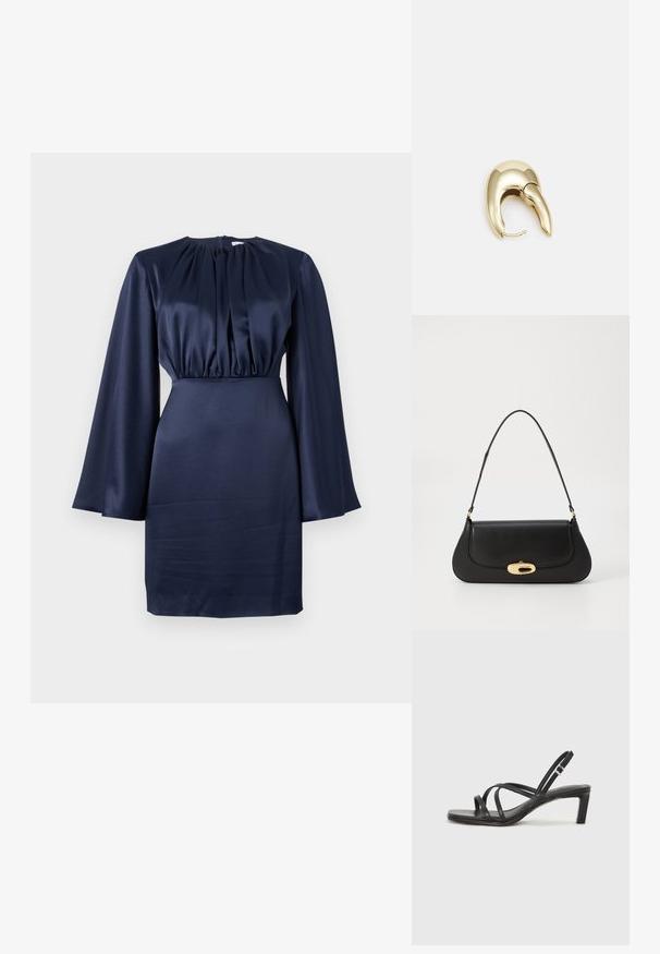 Mornarsko plava satenska haljina s okruglim izrezom, nabranim gornjim dijelom i dugim, lepršavim rukavima. Prijanjajući struk, glatka tekstura i dizajn do koljena.; Crne sandale s trakama, kvadratnim prstom i niskom blok petom. Ima više tankih trakica i podesivu trakicu oko gležnja. Izrađene su od glatke kože.; Crna kožna torba s zakrivljenim dizajnom, zlatnim detaljima i gornjom drškom. Ima elegantno zatvaranje i glatku teksturu.; Zlatne metalne naušnice s elegantnim, zakrivljenim dizajnom. Imaju karakterističan šiljast oblik, poliranu površinu i zatvaranje na šarku.