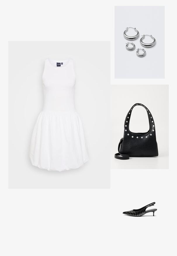 White tank dress with a fitted top and a gathered, flared skirt. Made of soft fabric, featuring a crew neckline and no visible patterns.; Black leather slingback heels with a pointed toe and small heel. Decorated with metallic studs along the upper for added texture.; Black textured leather handbag with silver studs along the top edge and handles, featuring a short handle and a detachable strap.; Four pairs of silver hoop earrings in varying sizes: large smooth circles and smaller rounded styles with a polished finish and simple clasps.