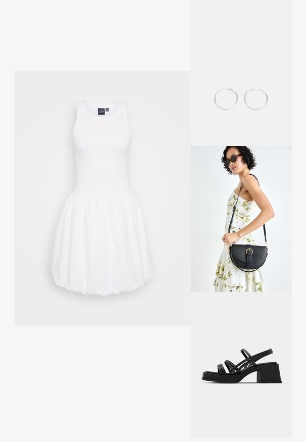 Valge tankkleit, millel on kõhuli sobituv ülaosa ja kogutud, laienev seelik. Valmistatud pehmest kangast, millel on ümmargune kaelus ja nähtamatud mustrid.; Mustad kontsad mustade peenikeste rihmadega ja laia blokknõelaga. Kiire disain matist tekstuurist. Jalapadi on kergelt kumer.; Mustmust mustraha kõverate joontega, eemaldatava rihmaga ja kuldsete detailidega. Kotil on klapp, millel on pandladetail.; Hõbedased rõngaskõrvarõngad, millel on sujuv ja ümar disain, millel on sile pind ja nähtavad kaunistused puuduvad. Diameeter ei ole täpsustatud.