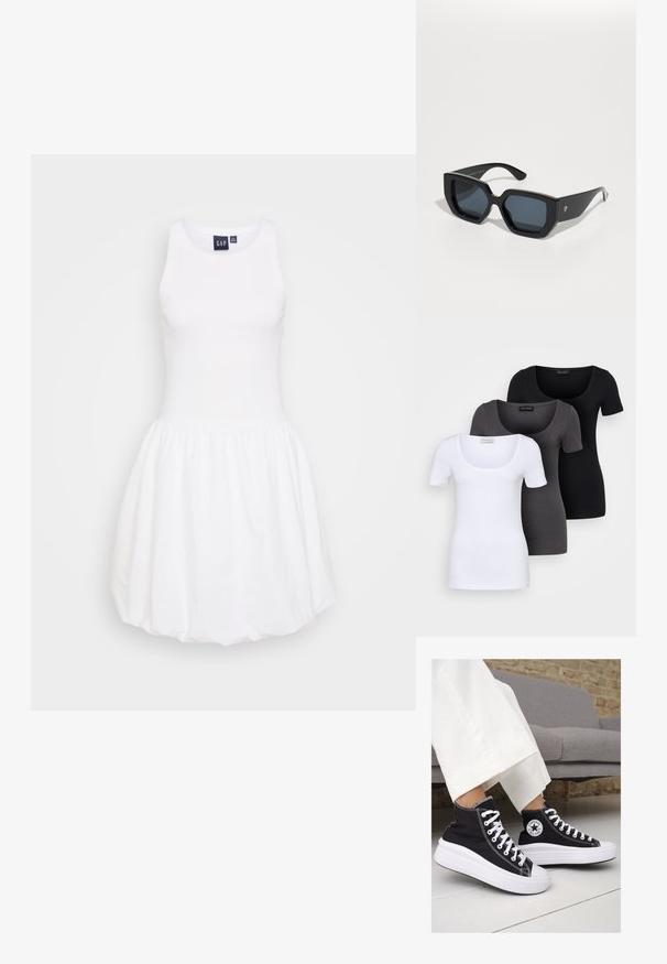 Rochie albă fără mâneci, cu un top strâmt și o fustă plisată, evazată. Confecționată dintr-un material moale, cu un decolteu rotund și fără modele vizibile.; Trei tricouri ajustate, în alb, gri și negru. Fiecare are un decolteu larg în formă de cerc și mâneci scurte. Fabricate dintr-un material neted și elastic.; Sneakers negre înalte din pânză, cu tălpi și șireturi albe din cauciuc. Prezintă un logo circular pe lateral și cusături albe în contrast.; Ochelari de soare de mari dimensiuni, negri, cu un design geometric, lentile rectangulare și finisaj lucios. Fără branding vizibil pe față.