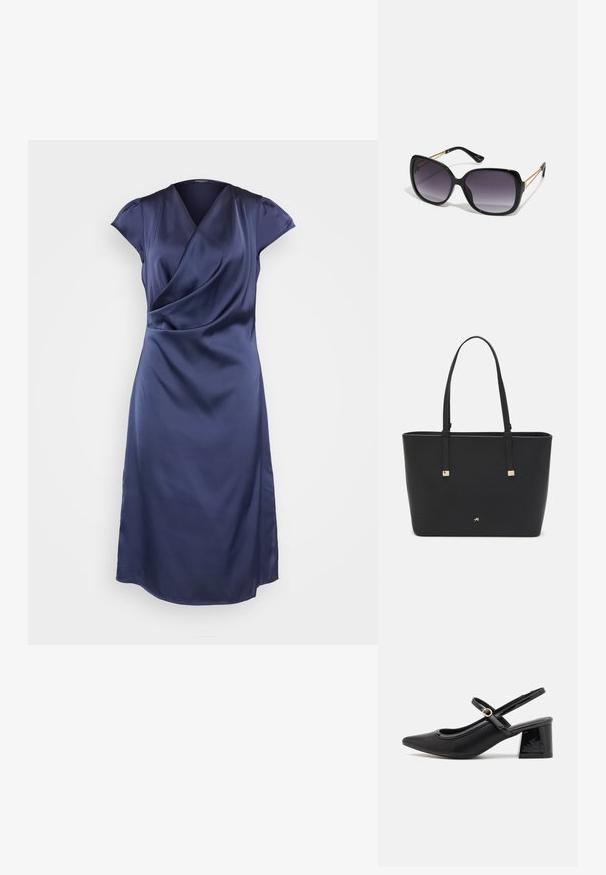 Tumši zils, līdz ceļgaliem gara kleita no gludas auduma. Ar apmetuma dizainu, īsām piedurknēm un smalku spīdumu. Nav redzamu rakstu vai akcentu.; Melns patentēts ādas sandales ar norādīta pirksta formu, noapaļotu izgriezuma dizainu un bloķētu papēdi. Iezīmēta ar zelta toņa sprādzi.; Melni pārmērīgi lieli saulesbrilles ar gradāciju lēcām, biezām rāmja malām un zeltainas krāsas ķēžu detaļām uz tempļiem.; Melnā somiņa, kas izgatavota no sintētiska materiāla, ar vienkāršu taisnstūra formu, zelta kvadrātveida akcentiem un divām rokturiem.