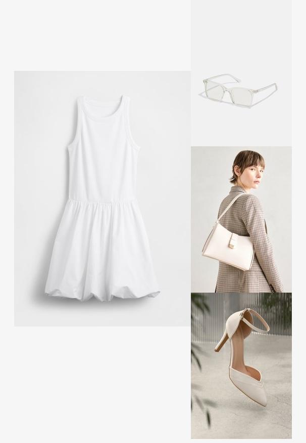 Vestido branco de alças com parte superior ajustada e saia franzida e fluida. Feito de algodão macio, com textura canelada.; Shoe de salto alto branco em material suave com bico pontudo e tira no tornozelo. Apresenta um interior em tom claro de bege e detalhes em tom dourado.; Óculos quadrados de plástico transparente com lentes translúcidas, apresentando detalhes em dourado nas hastes.; Bolsa de mão em couro branco com um design estruturado, apresentando um fecho magnético e uma alça de ombro, exibida sobre um fundo neutro.