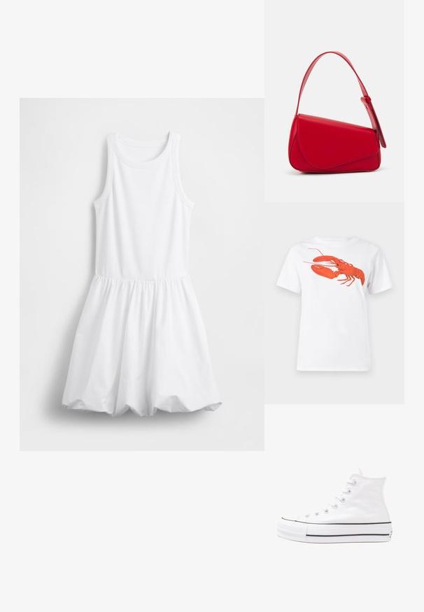 Biele tielkové šaty s priliehavým vrškom a nariasenou, splývavou sukňou. Vyrobené z mäkkej bavlnenej látky s rebrovanou textúrou.; Biely bavlnený tričko s veľkým, jasne červeným grafickým zobrazením homára na prednej strane. Krátke rukávy a štandardný dizajn s okrúhlym výstrihom.; Biele vysoké plátené tenisky s čiernou gumovou podošvou, prednou gumovou špičkou a šiestimi okami na šnúrky, s čistým, minimalistickým dizajnom.; Červená kožená kabelka s ostrým, geometrickým dizajnom. Má jeden nastaviteľný popruh a uzatváranie na klopu so šitím.