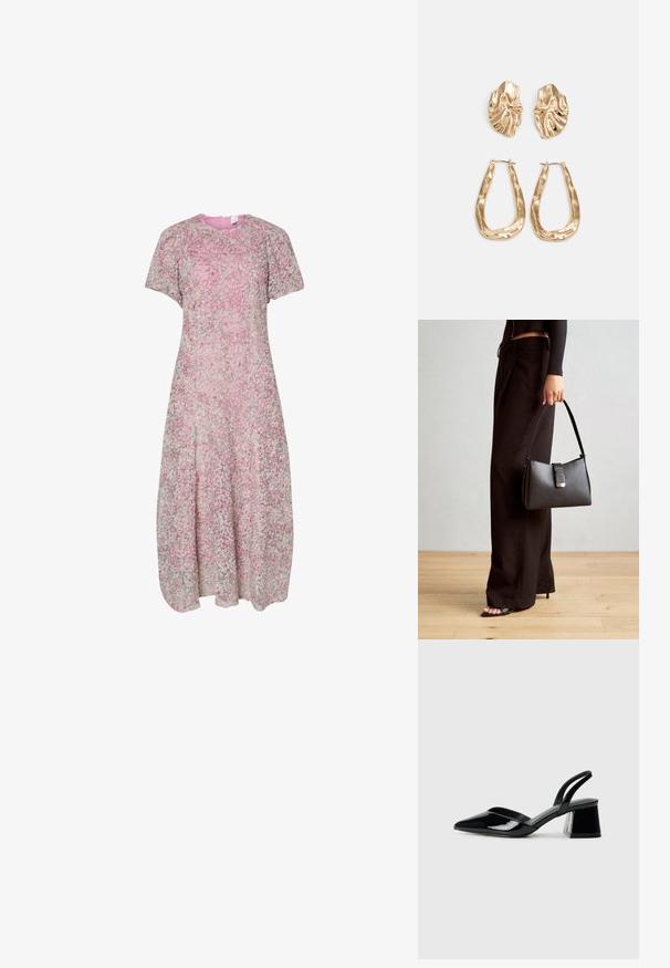 Rochie cu imprimeu floral, cu mâneci scurte, în nuanțe de roz și verde. Silueta în formă de A, cu decolteu rotund și țesătură ușoară, texturată.; Pantofi cu toc slingback din piele lacuită neagră, cu vârf ascuțit și toc geometric. Prezintă un design elegant, minimalist și o textură netedă.; Genți negre cu o formă structurată, textură netedă și un închizător metalic. Asortată cu pantaloni negri largi și sandale cu vârf deschis pe un podea din lemn.; Cercei aurii cu forme texturate și ondulate. Include studs sculpturale cu clip și un design de cerc deschis cu un finisaj cioplit.