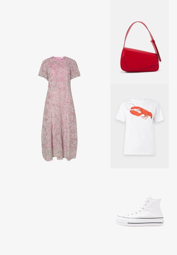 Gėlių rašto, trumpomis rankovėmis suknelė rožinės ir žalios spalvų atspalviuose. A-formos siluetas su apvalia iškirpte ir lengvu, tekstūruotu audiniu.; Balta medvilnė marškinėliai su dideliu, ryškiu raudonu omaru grafiku priekyje. Trumpomis rankovėmis ir standartiniu apvaliu kaklu.; Balti aukštakulniai drobės sportbačiai su juodu guminio pado, priekinio guminio piršto dangteliu ir šešiais akytėmis raištams, pasižymintys švariu, minimalistiniu dizainu.; Raudona odinė rankinė su kampuota, geometrine forma. Pasižymi viena reguliuojama dirželiu ir dangteliu su siuvinėtais dekoracijomis.