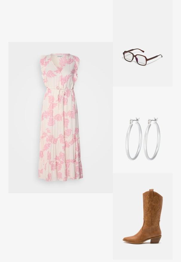 Maxi šaty v svetlo krémovej farbe s ružovými vzormi listov. Majú výstrih do V, volánové rukávy a praktický pás na zaviazanie. Sukňa má rozšírený strih s vrstveným lemom.; Hnedé kožené kovbojské topánky s špicatou špičkou, vyšívanými vírivkami na štýle a blokovým podpätkom. Obsahuje praktický pútko na ľahké obúvanie.; Hnedé, obdĺžnikové dioptrické okuliare s priehľadnými šošovkami a fialovými odtieňmi. Hladký plastový rám so zásadnými nožičkami a jemnými akcentmi.; Strieborné kruhové náušnice s hladkým, lesklým povrchom. Kolový tvar a bezpečné klikanie na uzatváranie. Ľahký dizajn vhodný na každodenné nosenie.