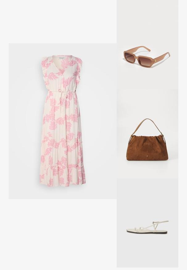 Maxi obleka v svetlo kremni barvi z roza listnatimi vzorci. Ima ovratnik v obliki črke V, nabrane rokave in pas z vrvico. Ohlapen krilo z plastnim robom.; Beige ravne sandale z več tankimi trakovi in nastavljivim zaponcem. Podplat je raven z rahlo temnim kontrastom na robu.; Rjavi pravokotni sončna očala z gradientnimi lečami, debelimi okvirji in detajlom logotipa na strani. Gladek plastičen material, minimalističen dizajn.; Rjava nubukova torbica z nabranim dizajnom, ki ima en sam tanek usnjen ročaj in subtilno zlate podrobnosti s logotipom na sprednji strani.