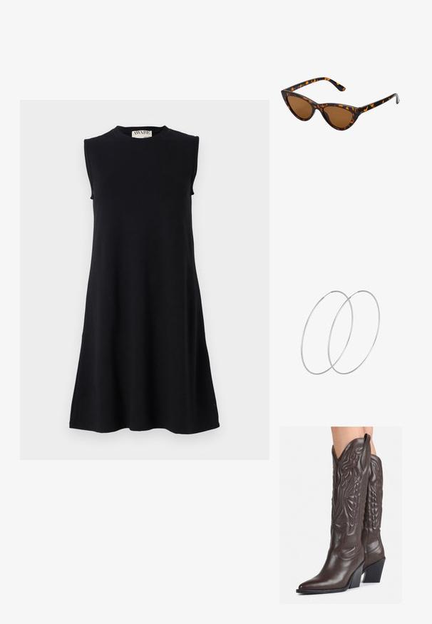 Black sleeveless dress made of soft fabric, featuring a round neckline and an A-line shape, with no additional patterns or accents.; Brown leather cowboy boots with pointed toe and block heel, featuring detailed stitching and raised accents on the shaft.; Cat-eye sunglasses with a black and orange tortoiseshell frame, brown lenses, and sleek, pointed tips. Features a minimal logo on the temple.; Silver hoop earrings with a minimalist design. Circular shape, smooth texture, and thin profile. Lightweight with a polished finish.