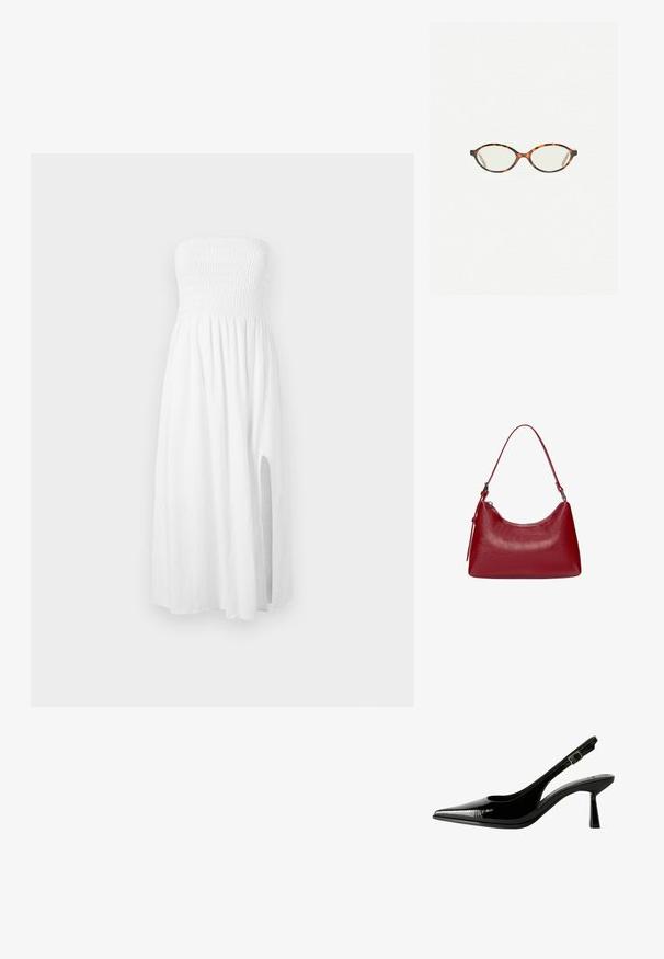 Vit axelbandslös klänning i lätt tyg. Har ett smockat midjeband och en sidofåra för extra detalj. Längden sträcker sig nedanför knät.; Svart lackläder slingback pumps med spetsig tå, urklippta sidor, justerbart vristband och en tunn, elegant klack.; Sköldpaddsmönstrade glasögon med ovala linser och en elegant, slät yta. Har tunna sidor med en subtil kurva vid tinningarna. Klara linser.; Röd läderaxelväska med en rundad design, slät yta och dragkedjestängning. Den har ett tunt handtag för bärande.