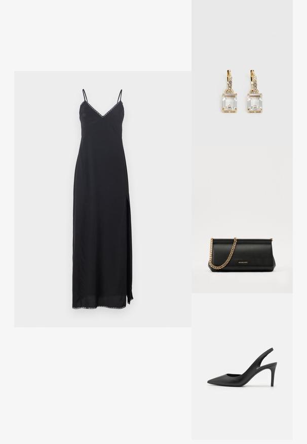 Schwarzes Slipkleid mit dünnen Trägern, V-Ausschnitt, seitlichem Schlitz und dekorativem Besatz entlang des Ausschnitts und Saums. Hergestellt aus leichtem Material.; Schwarze Leder Slingback High Heels mit einem spitzen Zehendesign, das an der Vorderseite ein Ausschnitt hat und einen dünnen Stilettoblock. ; Schwarze Leder-Clutch mit einer goldenen Ketten-Trage, die eine glatte Oberfläche, rechteckige Form und geprägtes Branding auf der Vorderseite aufweist.; Ohrringe in Goldfarbe mit einem rechteckigen, durchsichtigen Kristall, der unter einer Reihe kleiner, runder klarer Akzente hängt. Elegantes, modernes Design.