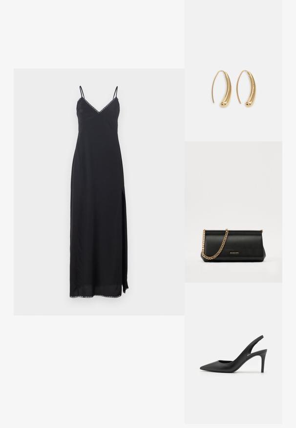Černé šaty bez rukávů s tenkými ramínky, V- výstřihem, bočním rozparkem a dekorativním lemem podél výstřihu a spodního okraje. Vyrobeno z lehkého materiálu.; Černé kožené lodičky na podpatku s otevřenou patou a špičatou špičkou, s výřezem na přední straně a tenkým jehlovým podpatkem.; Černá kožená psaníčko s zlatým řetízkem, vyznačující se hladkým povrchem, obdélníkovým tvarem a reliéfním logem na přední straně.; Náušnice ve tvaru kruhu z pozlaceného kovu s vroubkovaným, prodlouženým tvarem. Mají hladký, lesklý povrch a zaoblený konec pro zvýraznění detailu.